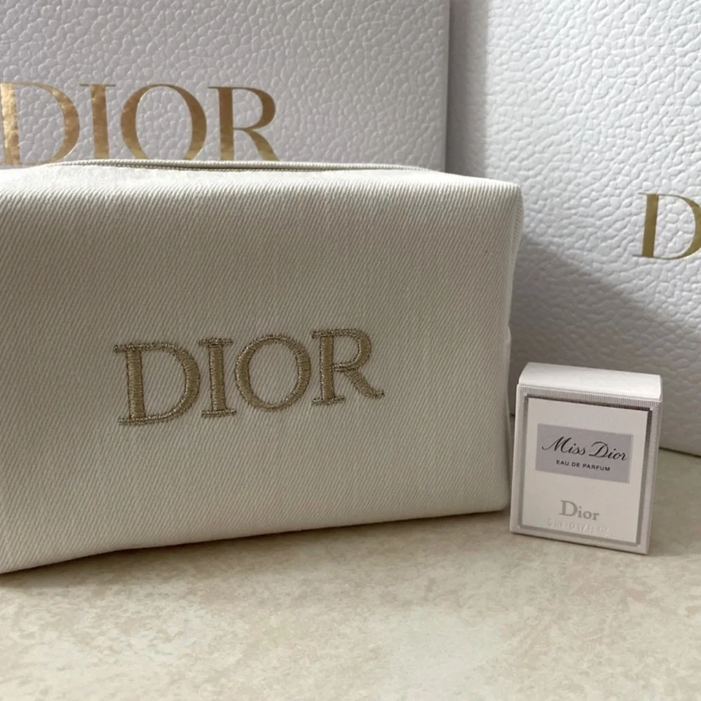 Dior White and Gold Cosmetic Pouch with Miss Dior Perfume